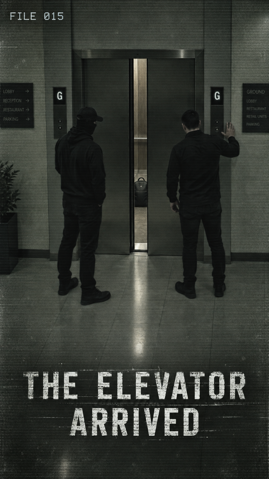 Two men face an opening elevator and an upright bag in FILE 015